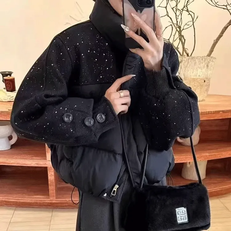 短款羽绒服外套女2025冬季新款时尚羊毛呢拼接亮片白鸭绒保暖外套