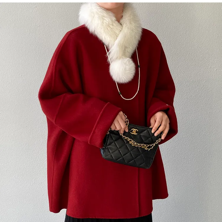 新年战袍 小香风双面羊毛大衣女冬中长款毛领外套