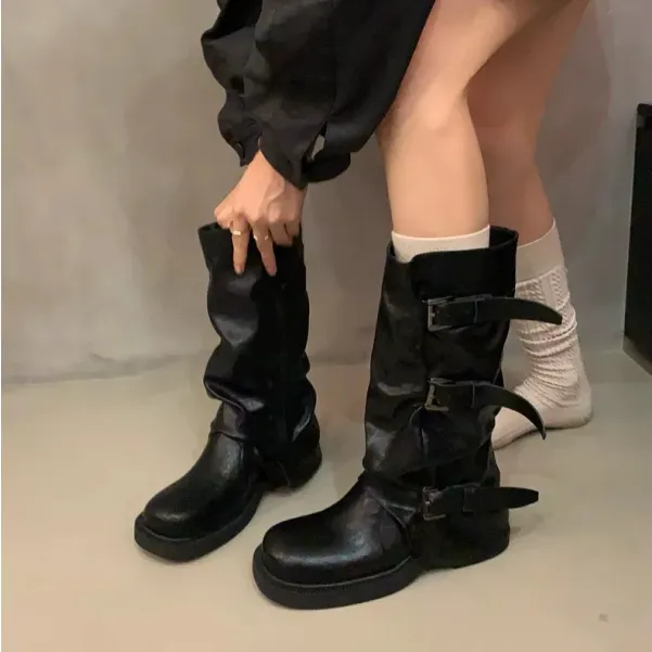 小众复古粗跟中高筒靴西部牛仔堆堆靴骑士靴早秋马丁靴法式女靴子