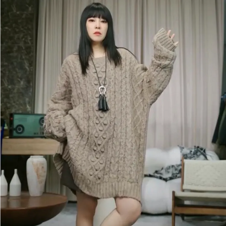 infobyfive秋冬新款圆领慵懒风宽松套头麻花针织毛衣2DJ0902