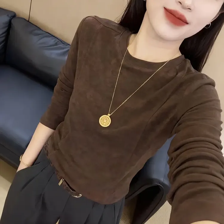 【慵懒鱼骨t】晕染百搭圆领t恤长袖打底衫女修身显瘦秋冬上衣9009