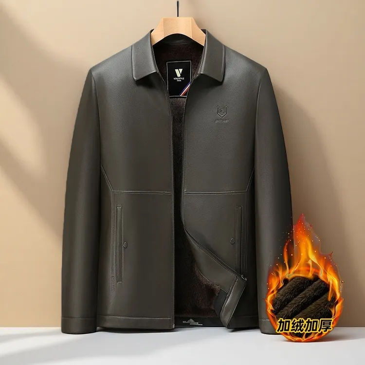 男士外套爸爸冬季外套中年男士秋冬加绒皮衣中老年翻领休闲棉服