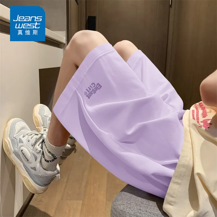 真维斯紫色纯棉短裤女2025新款夏季外穿休闲裤大码宽松高腰直筒裤