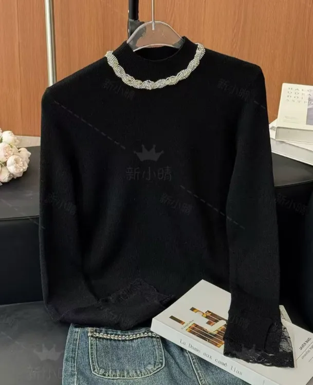 【新小晴甄选】袖口蕾丝针织衫半高领带钻修身显瘦打底衫1126236