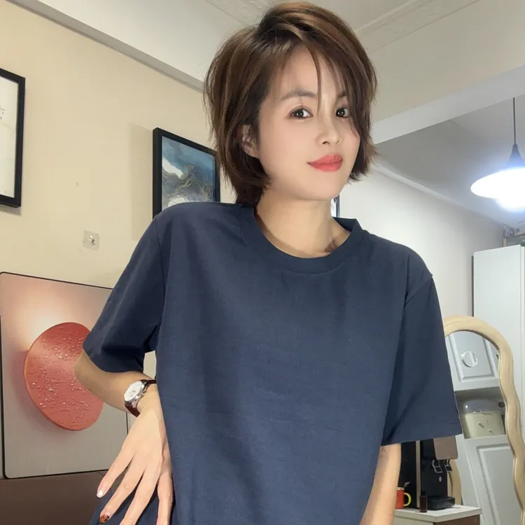 韩版休闲纯色圆领短袖T恤百搭基础显瘦简约舒适上衣女开叉U3393
