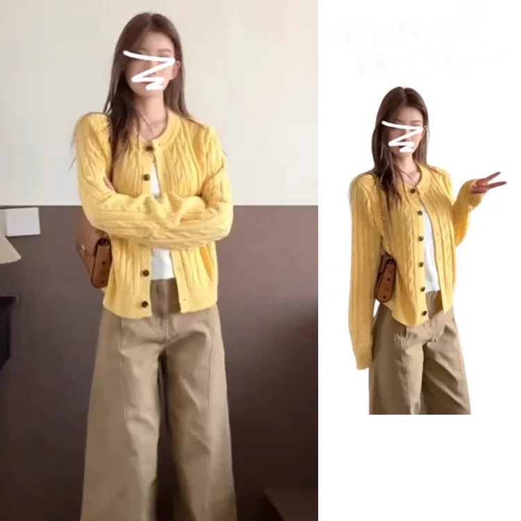 早秋韩系chic初秋季穿搭薄款针织开衫外套女春秋2025新款黄色上衣