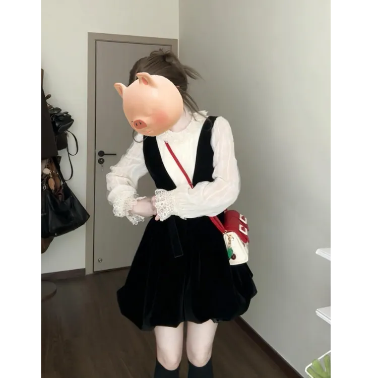 2025春秋新款时尚气质法式蕾丝网纱衬衫上衣搭吊带前后两穿吊带裙