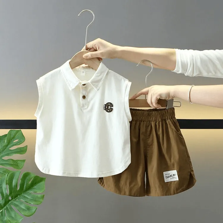 男童夏季背心套装新款宝宝酷帅青花瓷儿童无袖polo衫洋气衣服