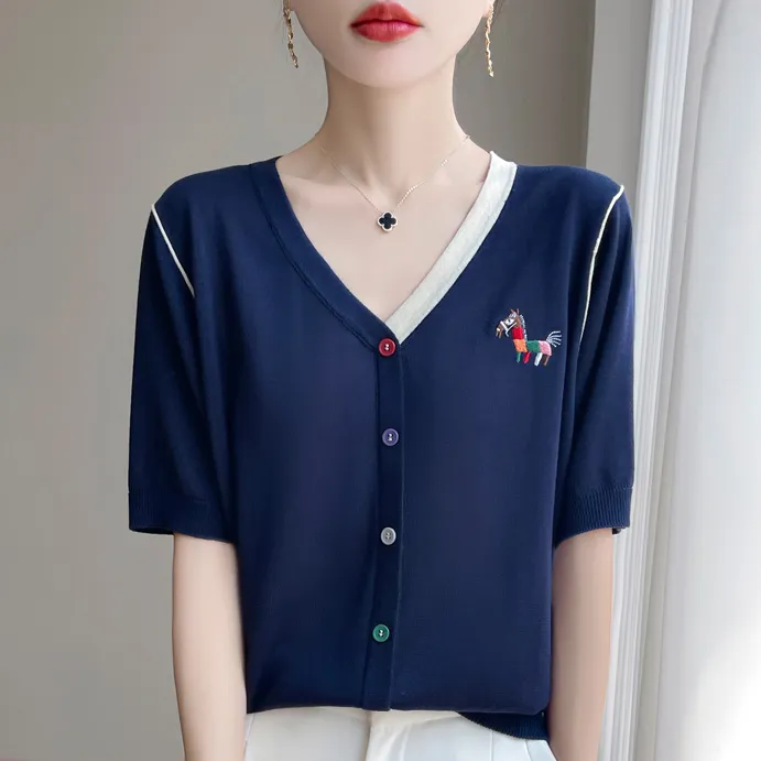 哥弟阿玛施正品夏季新款时尚V领设计感刺绣短袖透气针织开衫女