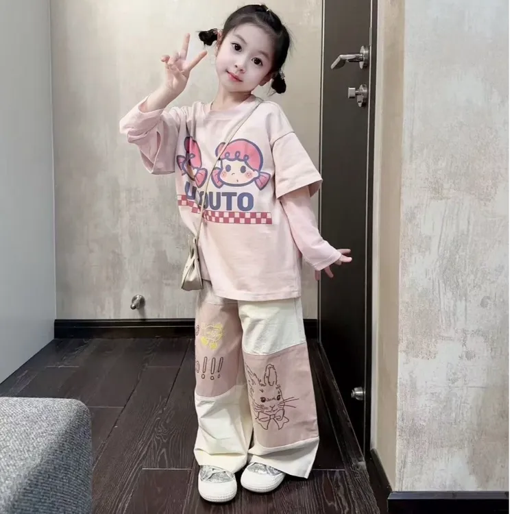 女童洋气套装2025新款春秋儿童假两件上衣休闲裤印花时尚两件套