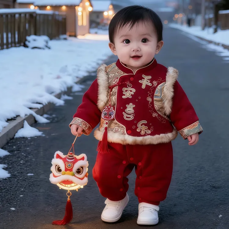 婴儿百天周岁拜年礼服平安喜乐偏开马甲中厚棉哈衣喜庆新年衣服