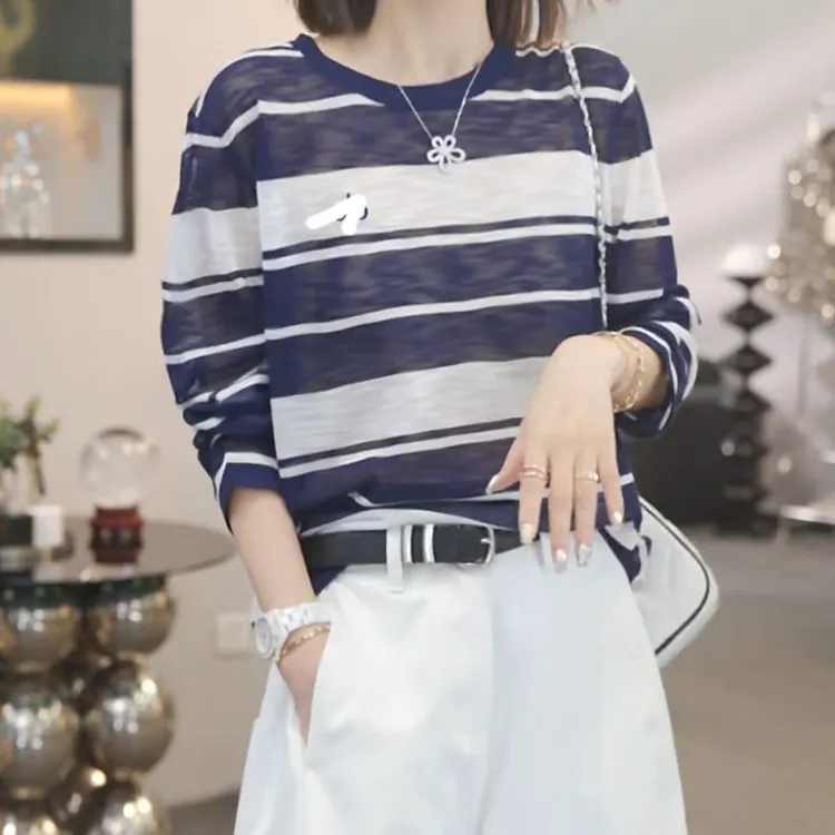 韩版休闲条纹长袖防晒罩衫女2025夏季新款简约时尚气质百搭休闲