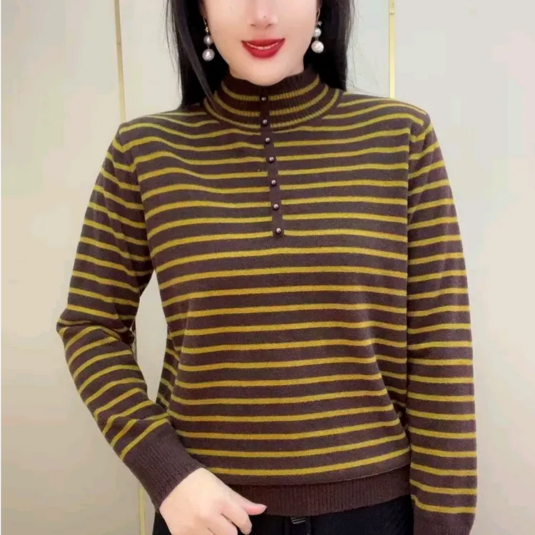 2025冬季新款时尚妈妈加厚外穿针织衬衣洋气气质拼接条纹立领毛衣