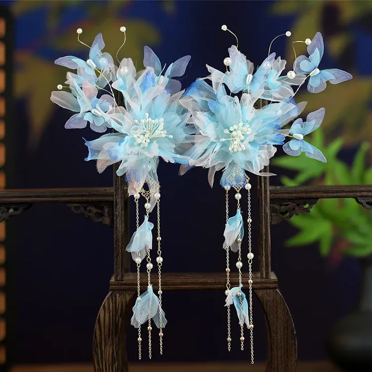 汉服绢花流苏发夹头饰古风蓝色烫花发饰女仙气美侧边头花手工新款