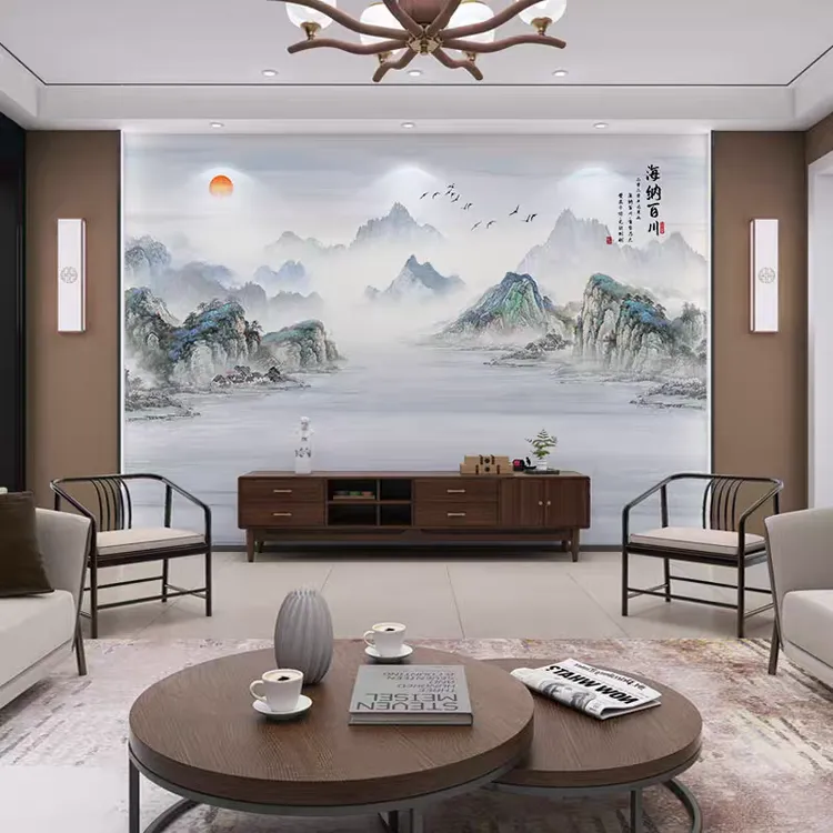 炎夏定制中式山水电视墙装饰画碳晶板客厅沙发竹木纤维打印板画