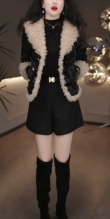 冬季新款加厚时尚国风气质贵气高级浮雕保暖棉衣一体绒毛毛外套