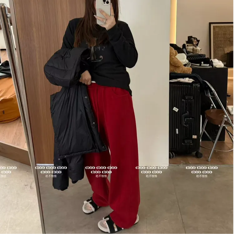 【吃不饱饱】大码 圣诞限定色 重工加绒加厚极简休闲裤卫裤203