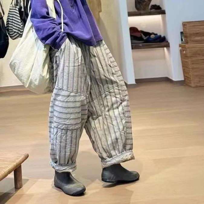 忆古朴拙色织拼接休闲保暖棉裤240721