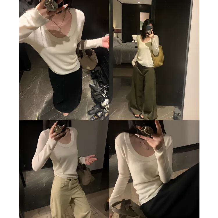 高级感圆领针织衫女秋季新款修身弹力显瘦长袖打底衫气质内搭毛衣