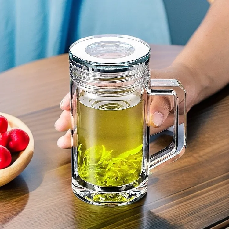 男士泡茶玻璃杯茶杯茶水分离茶杯家用玻璃水杯透明镜面茶水分离杯