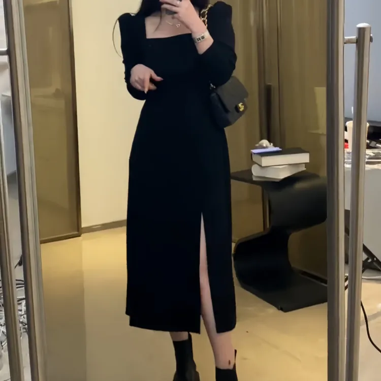 早秋时尚风气质风法式裙子收腰显瘦纯设计感开叉百搭赫本风连衣裙