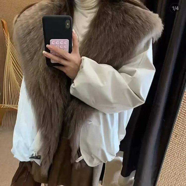 狐狸毛领外套女秋冬棉服外套大翻领车条时髦派克服