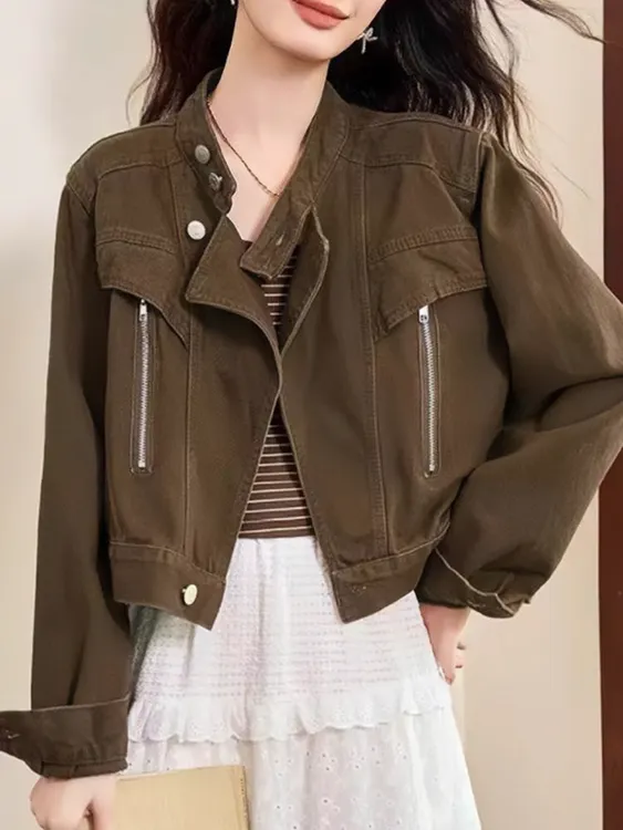 新款咖啡色西装领秋春秋拉链女短牛仔外套皮夹克翻领长袖韩版休闲