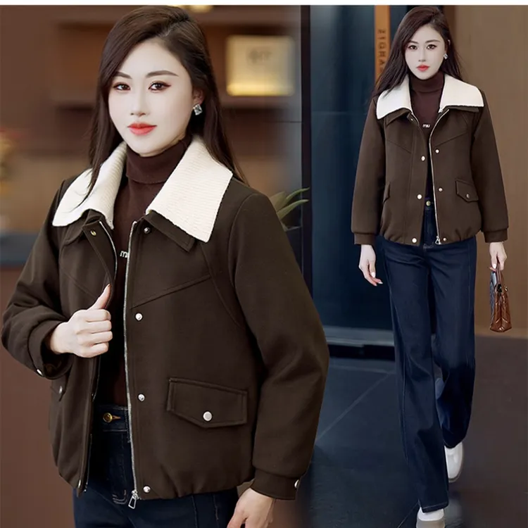 时尚休闲加绒短款外套女士冬季新款洋气韩版加厚百搭夹克开衫上衣