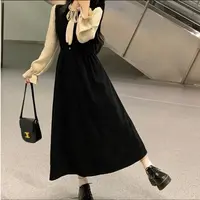 大码法式复古假两件拼接系带连衣裙收腰显瘦灯芯绒长裙