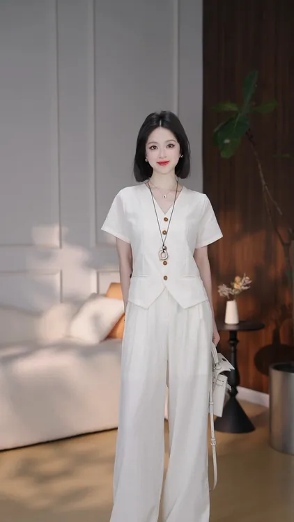 轻熟风时尚减龄套装女夏季纯色V领气质短袖衬衫高腰阔腿裤两件套