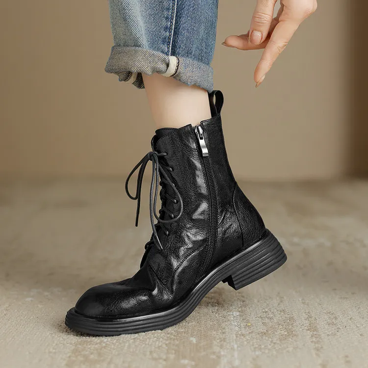 软羊皮马丁靴女英伦风秋冬单靴百搭圆头厚底真皮短靴舒适休闲女鞋