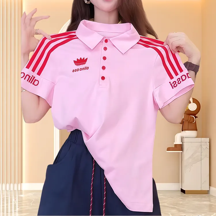 夏季洋气衣服女字母刺绣休闲百搭显瘦POLO短袖粉色翻领女士棉t恤
