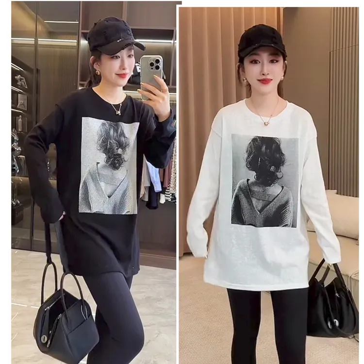 欧韩设计长袖圆领中长款T恤女洋气简约通勤印花休闲显瘦百搭学院