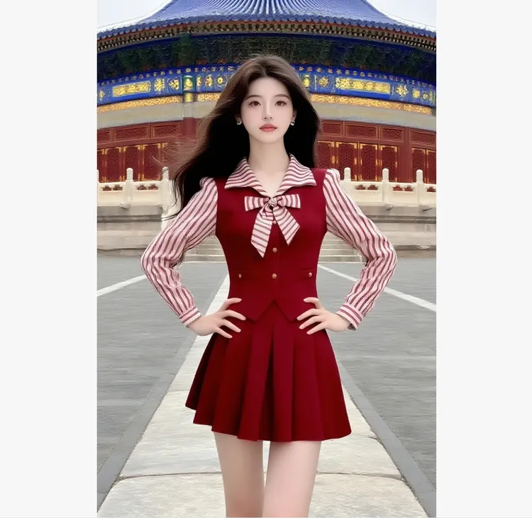 时尚通勤风条纹拼接长袖修身上衣+红色百搭高腰半身裙两件套