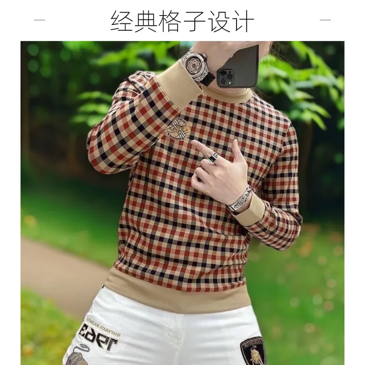 NYING欧洲站秋季休闲男士卫衣T恤长袖加绒格子刺绣打底衫上衣套头
