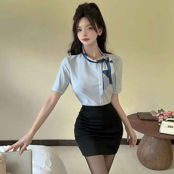 高端美容院采耳足道女技师工作服丝巾短袖蓝衬衫包臀短裙制服套装