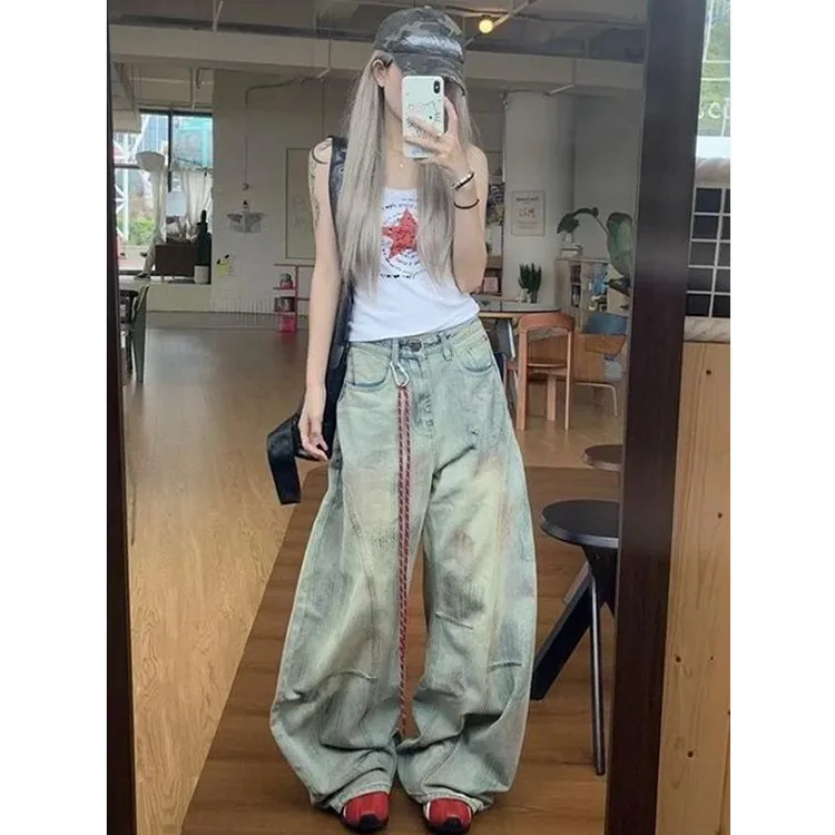 【现货+运费险+送挂绳】美式弯刀牛仔裤女秋季宽松阔腿拖地镰刀裤子