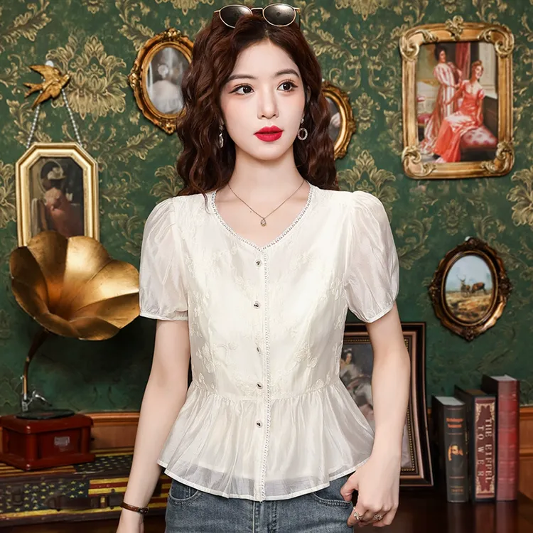 国风收腰遮肚短袖雪纺衬衫女2025夏季新款宽松显瘦荷叶边漂亮小衫