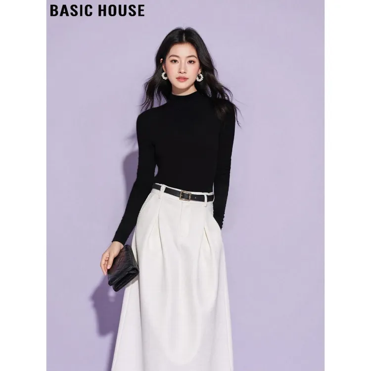 Basic House/百家好半高领针织打底衫女2025秋冬新款修身内搭上衣