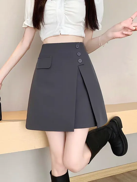 不规则高级感高腰显瘦灰色半身裙小众气质短裙遮肚A字黑色西装裙