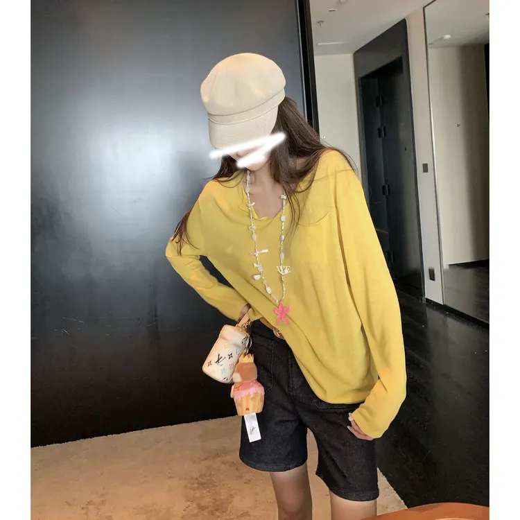 软糯口袋v领纯色针织衫超薄款夏宽松慵懒风冰丝长袖t恤防晒罩衫