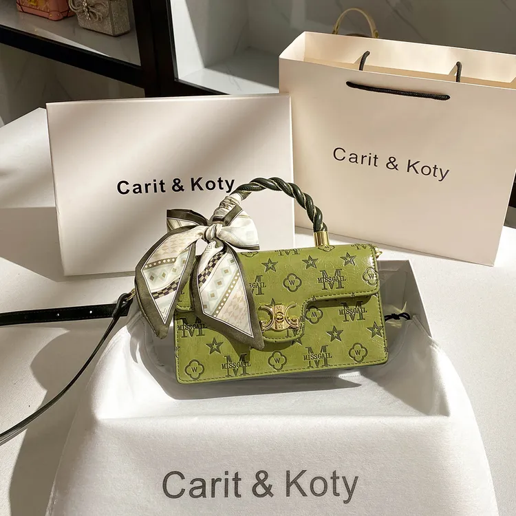 CARIT KOTY绿色小众高级感压花小方包包女2025新款复古手提斜挎包