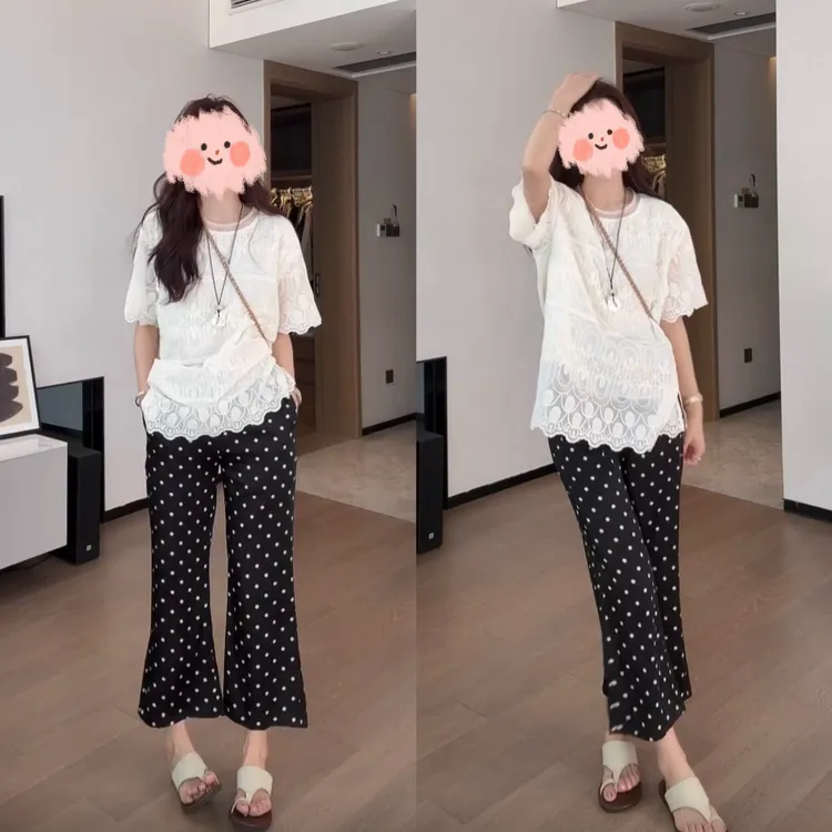 2025夏季新款洋气宽松蕾丝小衫短袖上衣波点显瘦百搭微喇裤俩件套