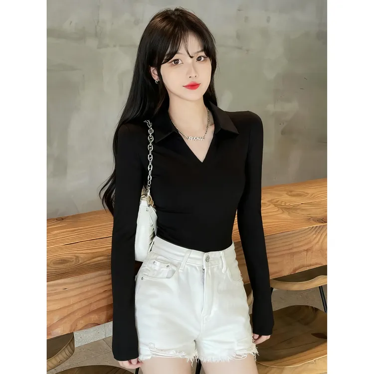 polo领辣妹修身上衣女2025纯欲风秋冬季小众设计感打底衫长袖体恤