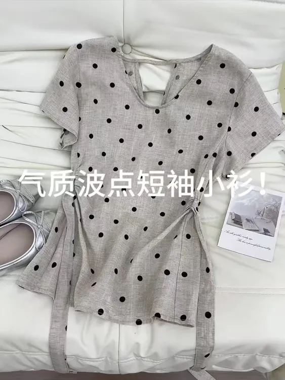 2025年夏季穿搭爆款气质波点短袖小衫静奢风女款上衣圆点薄款风