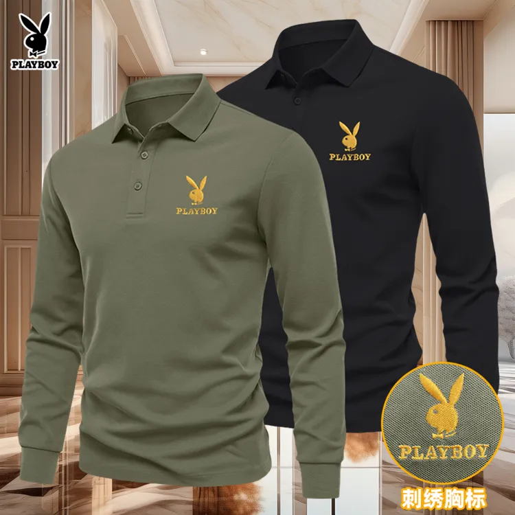 PLAYBOY花花公子刺绣长袖POLO衫男秋冬季翻领T恤商务休闲上衣减龄