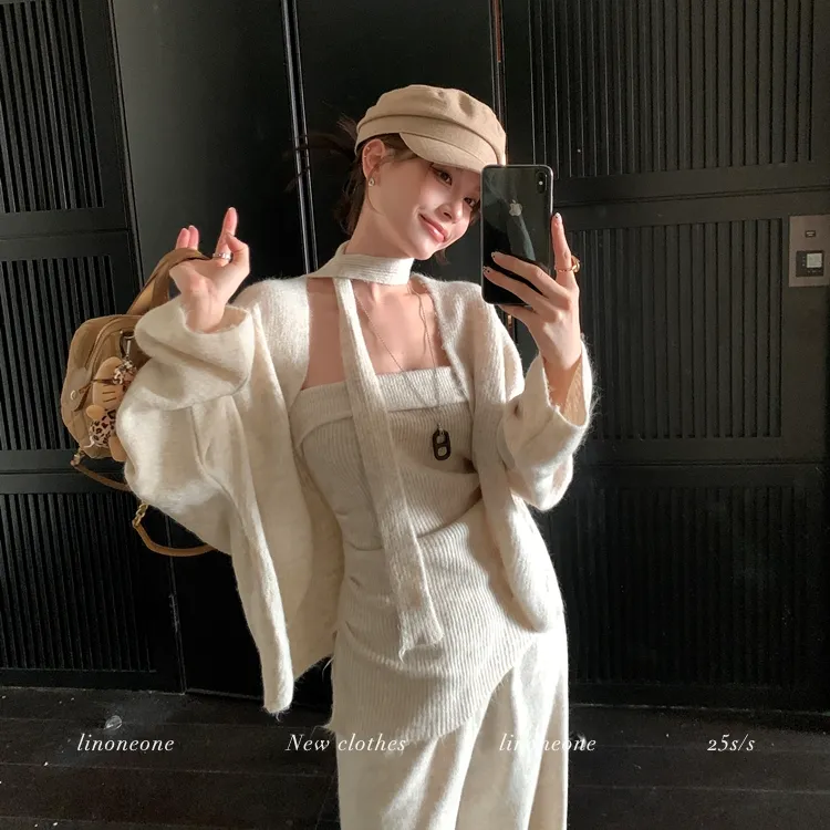 温柔老钱风宽松针织开衫弹力修身针织抹胸休闲裤三件套女2025秋季