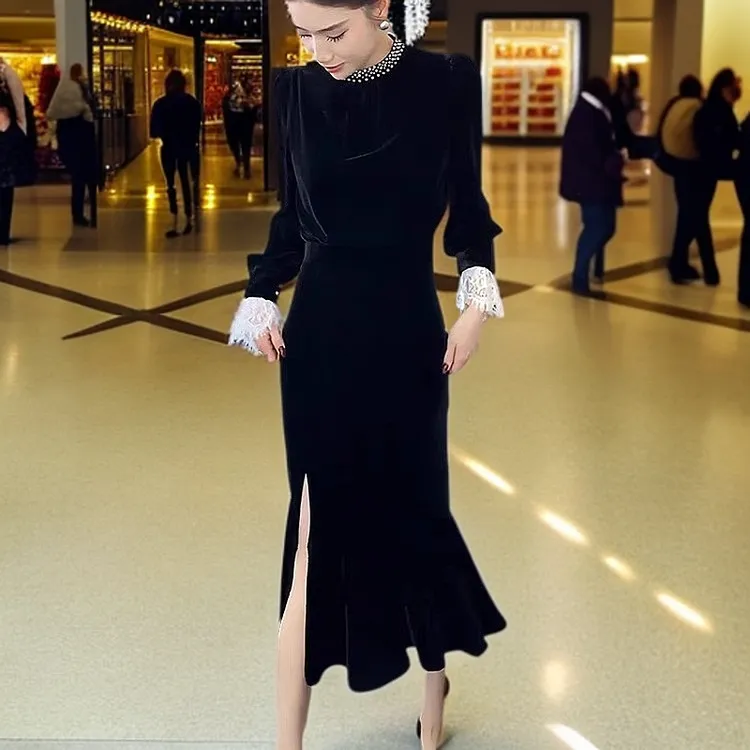 中腰H型鱼尾连衣裙开叉名媛长款长裙黑色气质长袖修身显瘦时尚