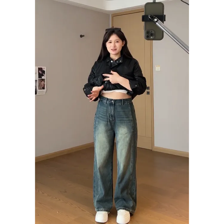特大码女装美式复古直筒牛仔裤女秋季新款裤子胖mm显瘦修容阔腿裤