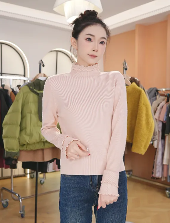 双层木耳边半高领打底衫女秋冬季叠穿内搭洋气修身套头针织衫上衣